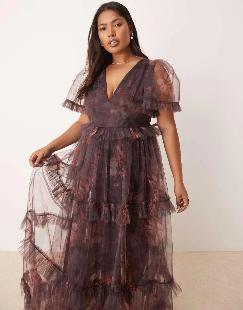 Lace & Beads Plus Lace & Beads Plus sheer sleeve ruffle maxi dress with  sheer skirt in plum floral - Dresses & Skirts - Free Shipping - BeyondStyle