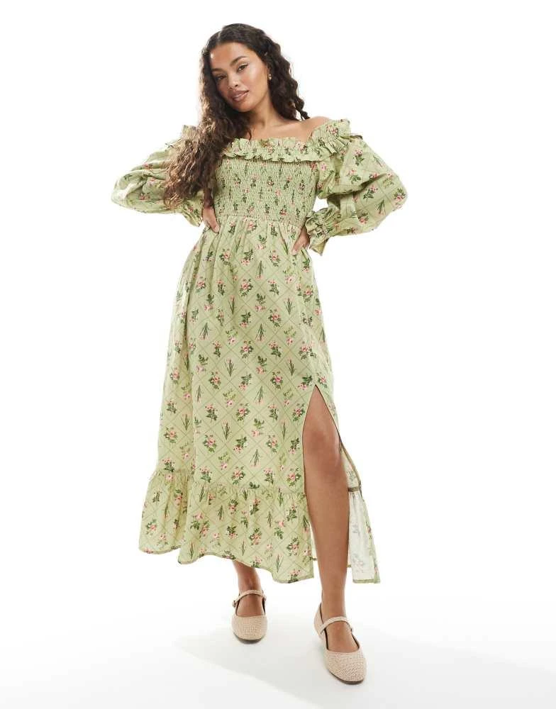 Miss Selfridge Miss Selfridge Petite printed linen bardot maxi dress in green floral 1