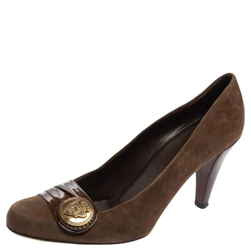 Gucci Gucci Brown Suede And Pleated Patent Leather Logo Buckle Pumps Size 38.5 1