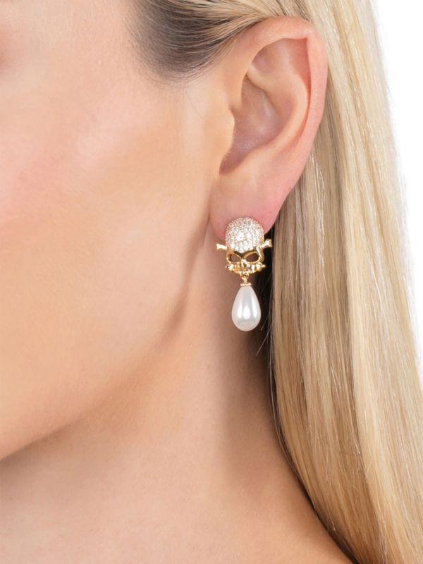 Eye Candy LA Luxe 18K Goldplated Cubic Zirconia & Simulated Pearl Skull Drop Earrings