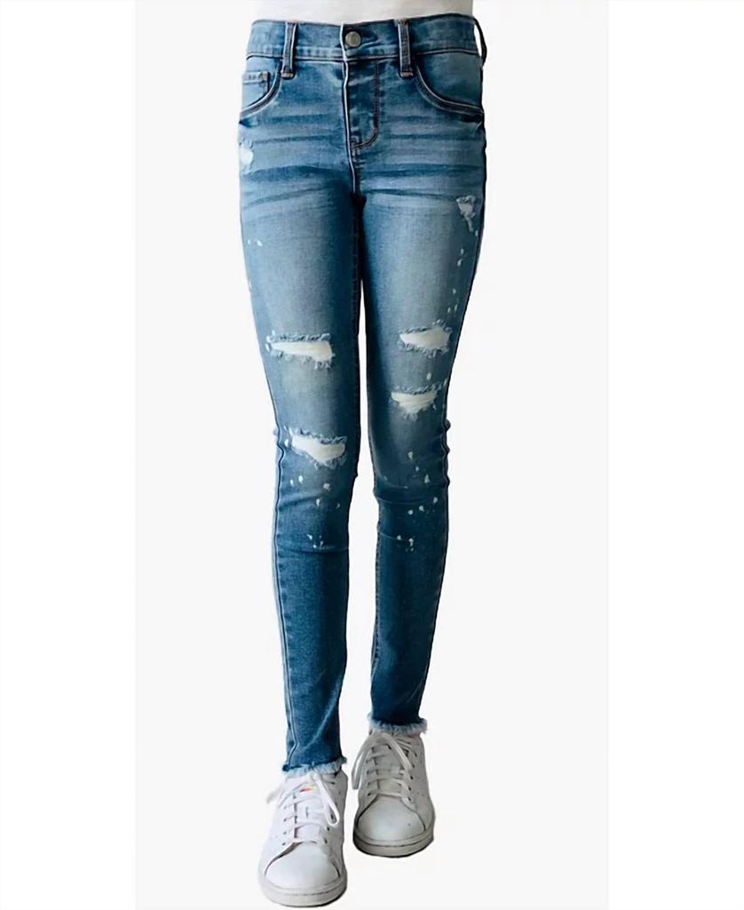 Imperial Star Big Girls Destructed Paint Splattered Skinny Jeans In Medium Blue
