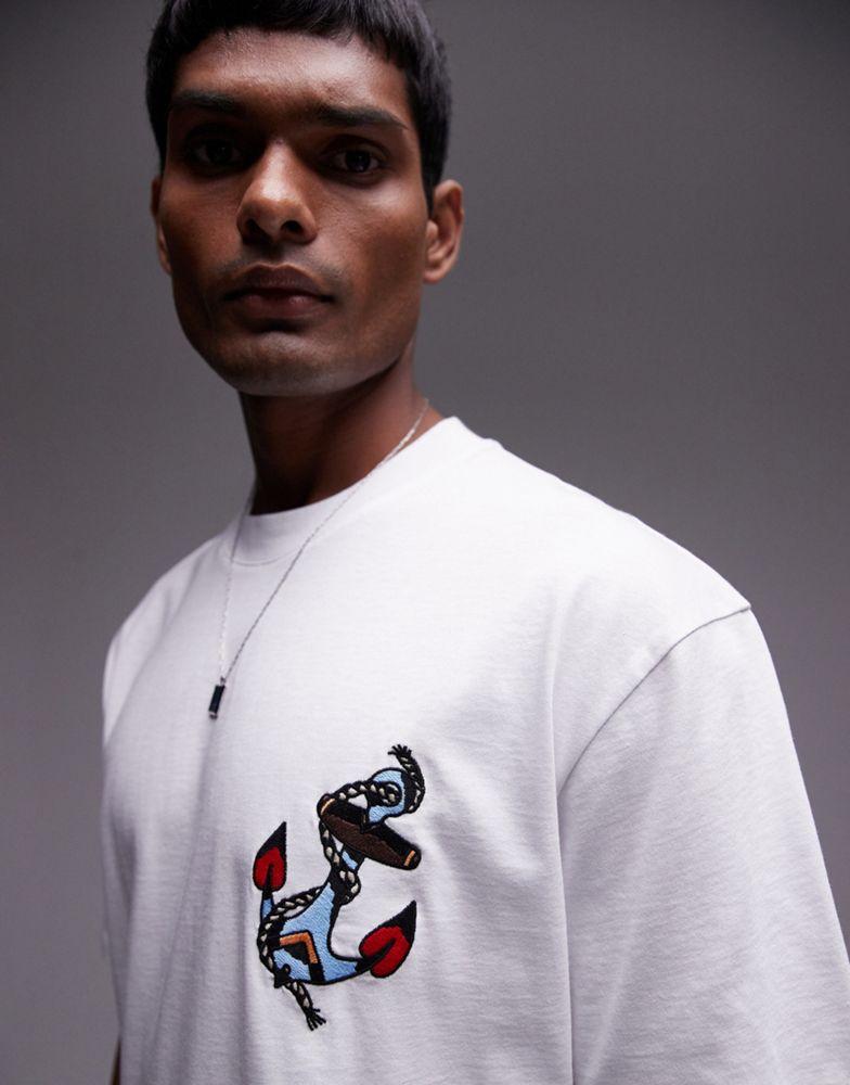 Topman Topman premium oversized fit t-shirt with anchor embroidery in white