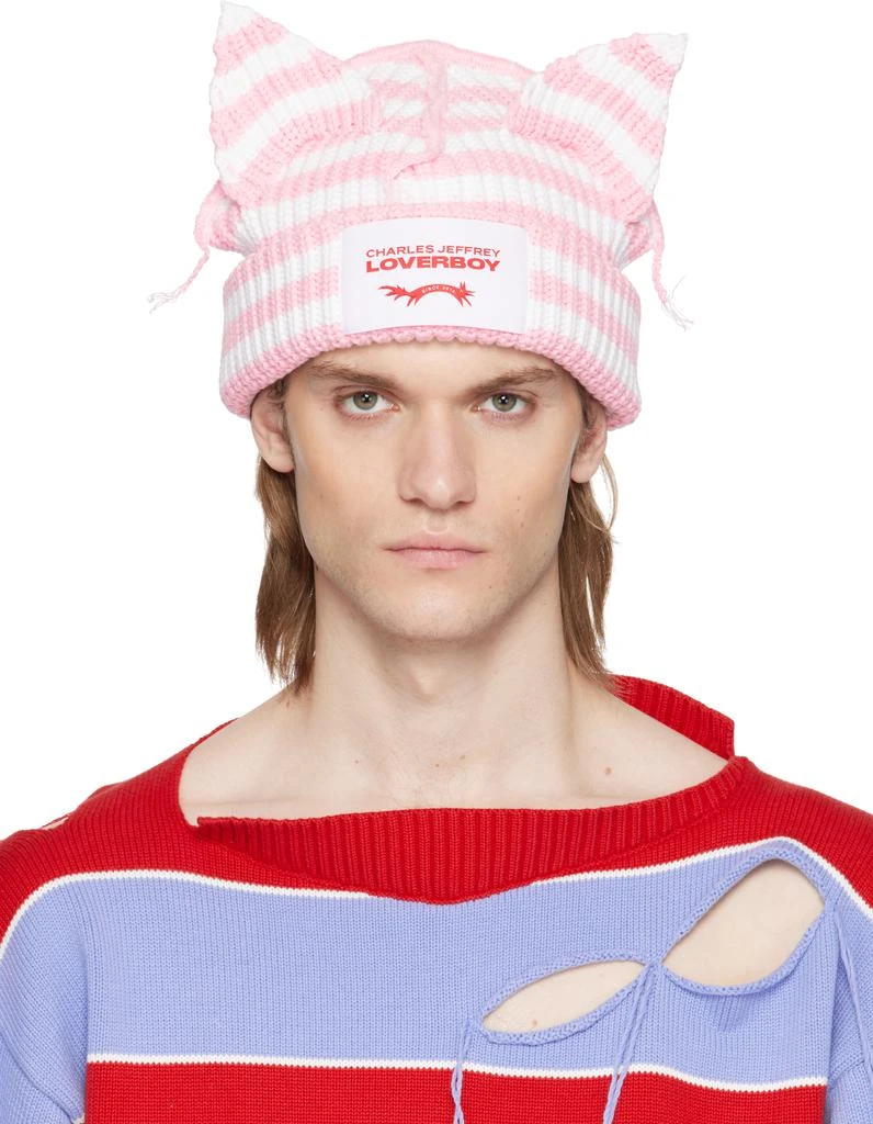 Charles Jeffrey Loverboy SSENSE Exclusive Pink & White Chunky Ears Beanie 1