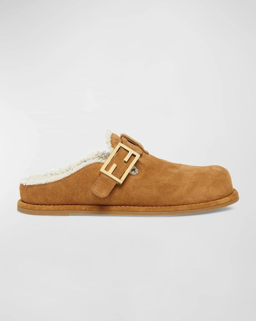 Fendi Feel Suede Shearling Buckle Mules Slippers Free Shipping