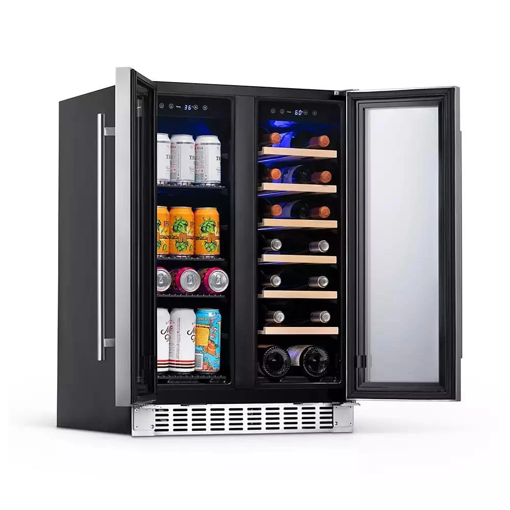Newair 24 Inch Premium Built-in Dual Zone 20 Bottle and 60 Can French Door Wine and Beverage Fridge in Stainless Steel with SplitShelf 6