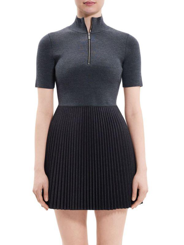 Theory Pleated Wool Blend Mini Dress - Dresses & Skirts