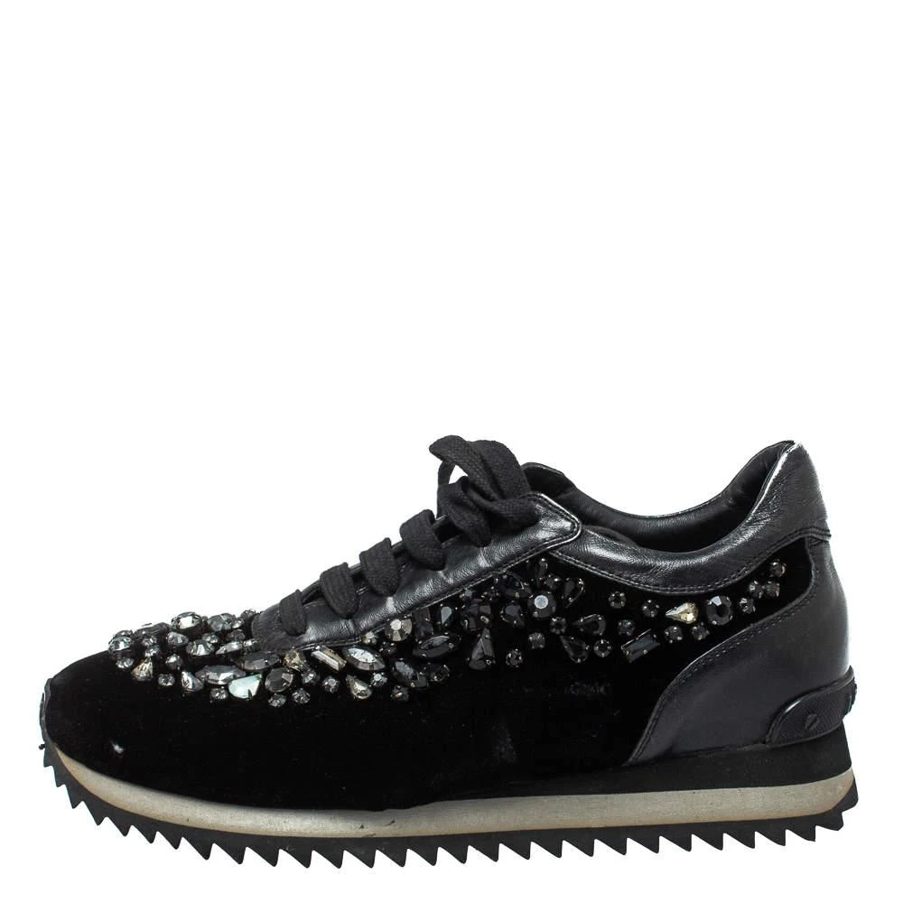 LE SILLA Le Silla Black Velvet and Leather Crystal Embellished Low Top  Sneakers Size 36.5 2
