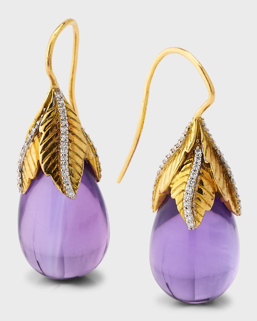 Piranesi 18K White and Yellow Gold Drop Amethyst Earrings with Round Diamonds, 1.5"L