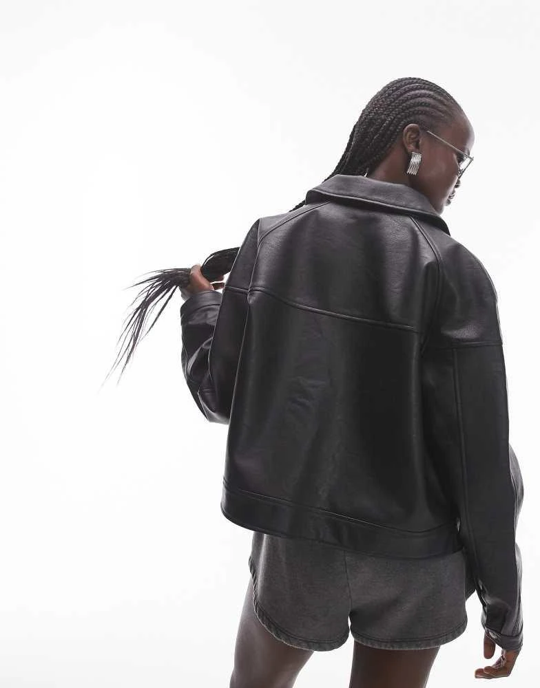 Topshop Topshop faux leather cropped zip through jacket in black 4