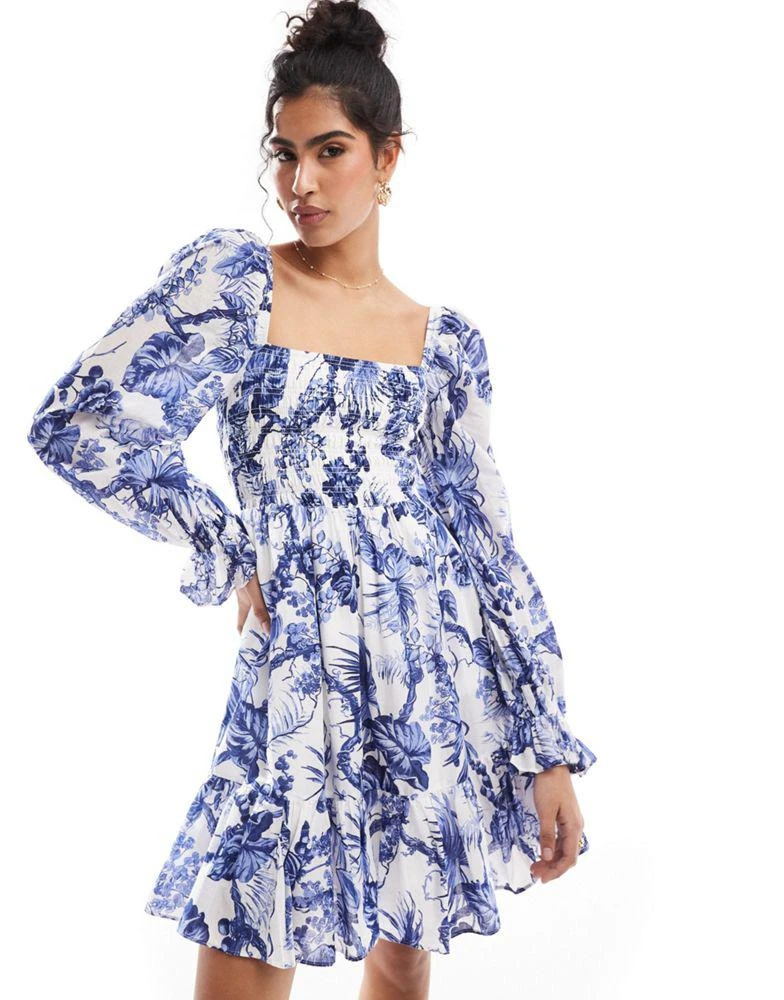 & Other Stories & Other Stories square neck ruche bodice mini dress with volume sleeve and tiered hem in blue floral print 1