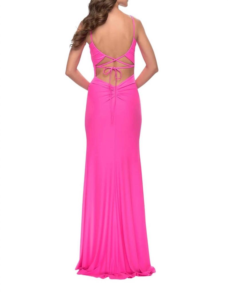 La Femme Side-Slit Backless Long Dress In Neon Pink