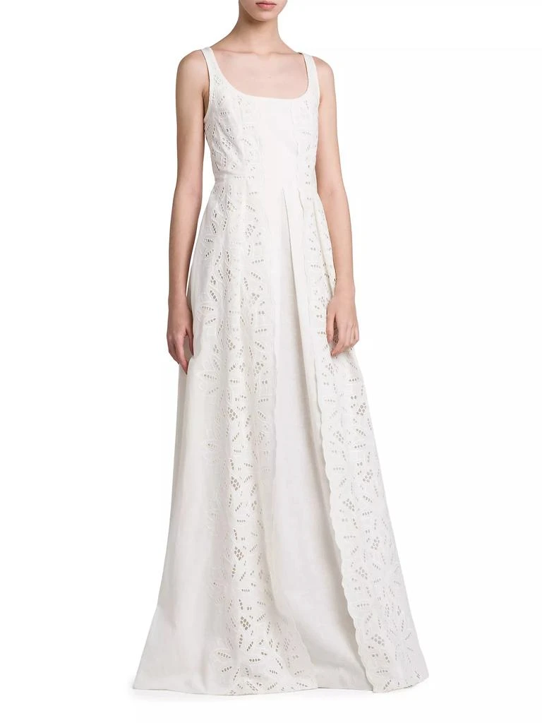 Alberta Ferretti Linen-Blend Eyelet A-Line Gown 4