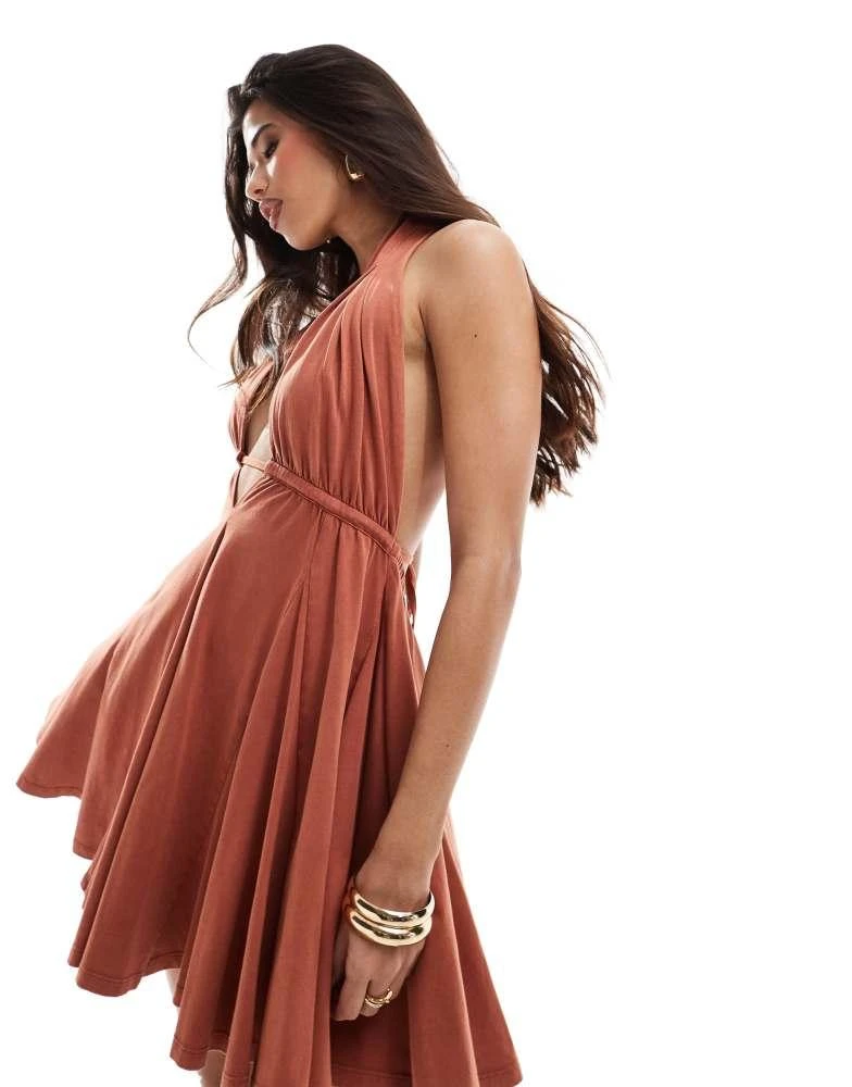 ASOS ASOS DESIGN halter neck mini dress with skater skirt in rust 1
