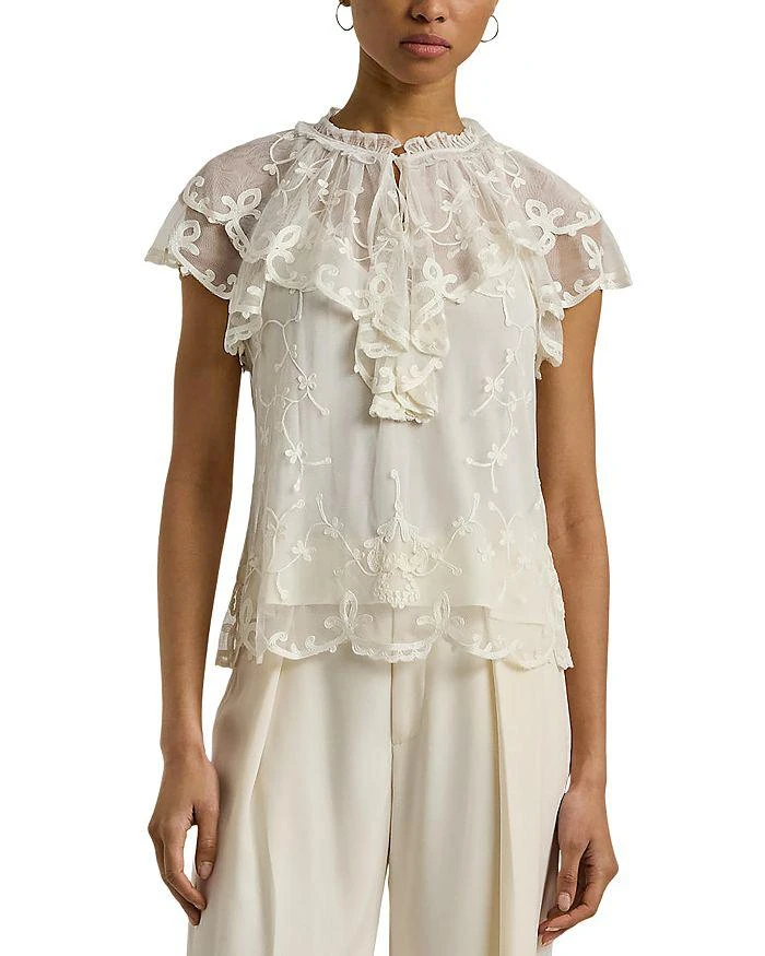 Ralph Lauren Ruffle Trim Embroidered Mesh Blouse 1