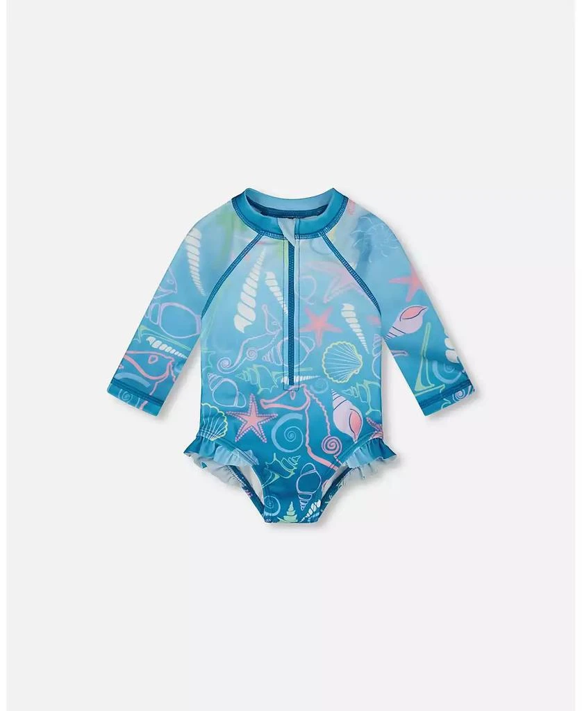 Deux par Deux Baby Girls One-Piece Long Sleeve Rashguard Blue Shell Print