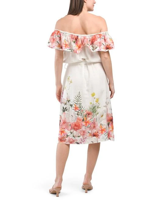 LE RAGAZZE Made In Italy Linen Blend Off The Shoulder Floral Print Dress 2