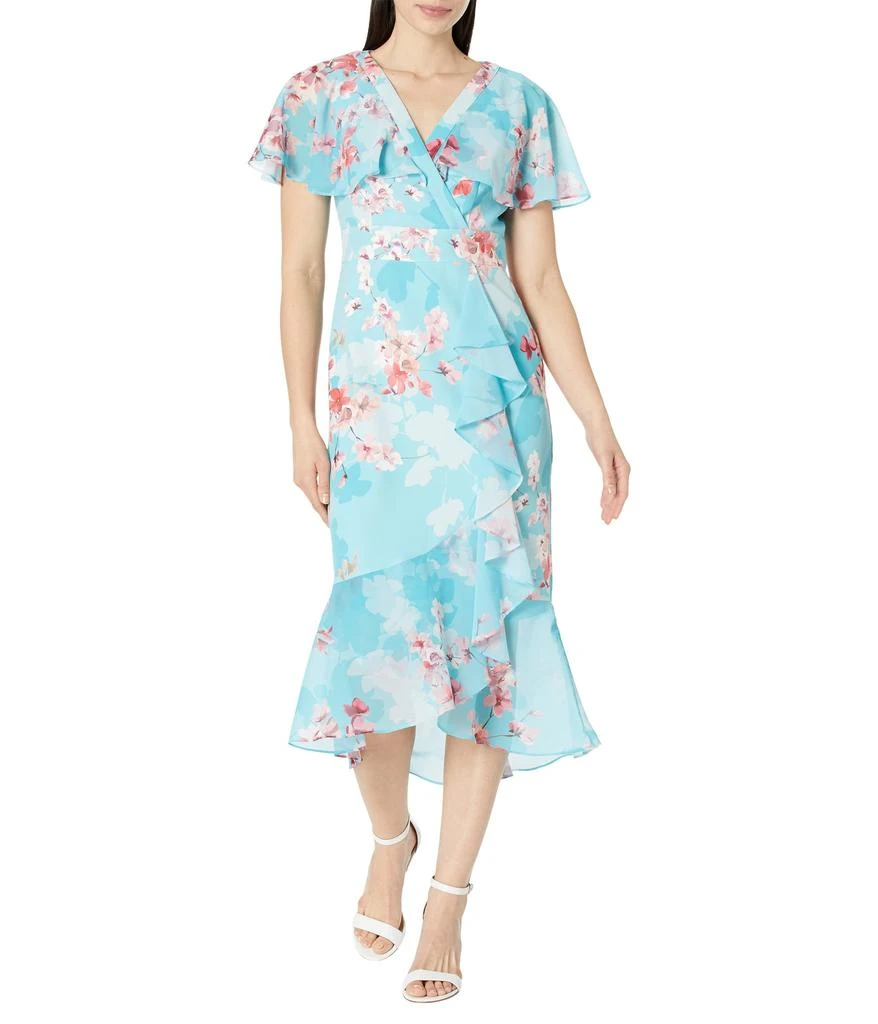 Adrianna Papell Printed Floral Flutter Sleeve Dress with Cascade & Ruffle Hem 1