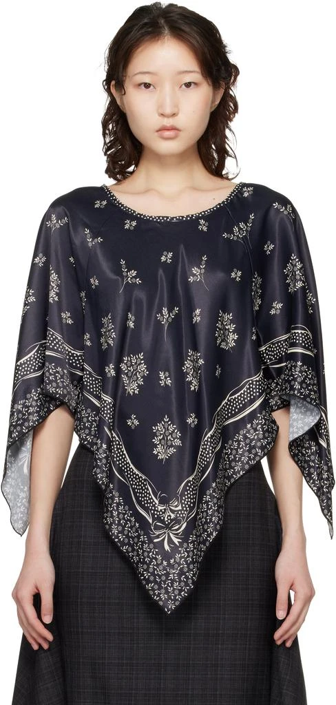 Anna Sui Black Ribbon Handkerchief Satin Print Poncho Blouse