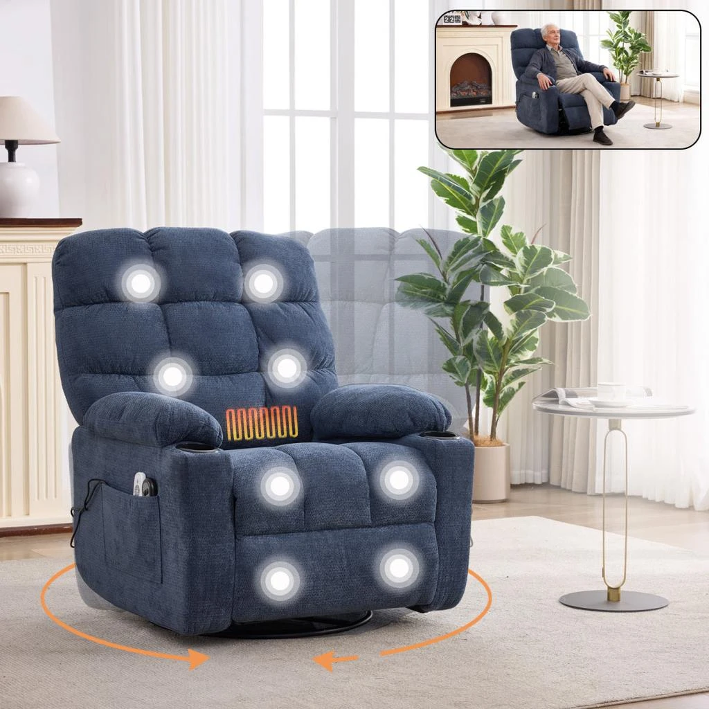 Streamdale Furniture Streamdale Blue Fabric Recliner Chair with Heat Massage, Rocker 
Swivel