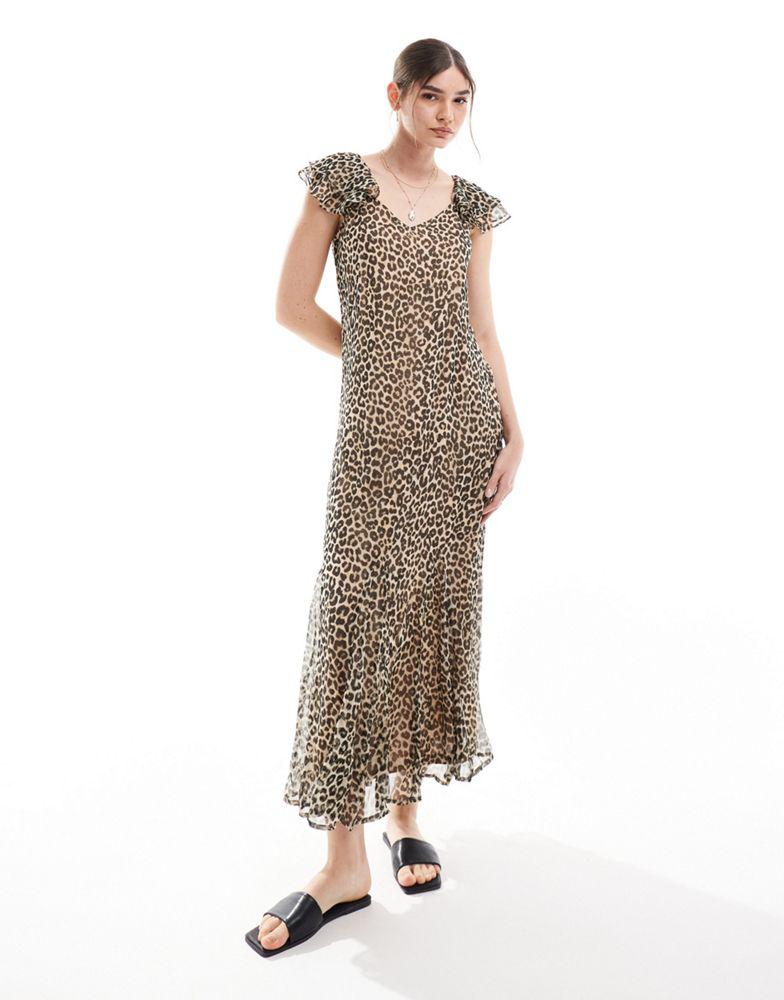 Vero Moda Vero Moda frill sleeve maxi dress in leopard print