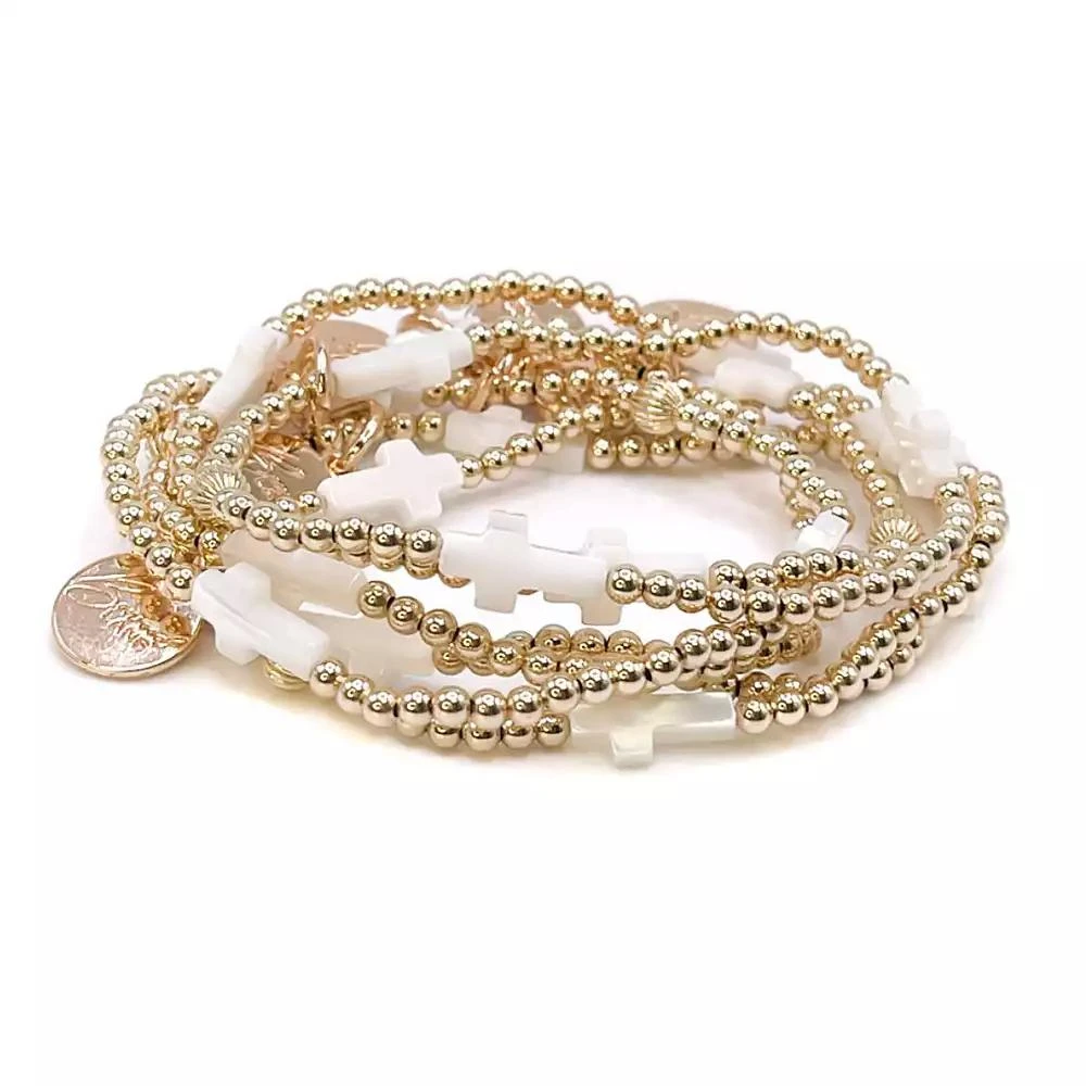 Bowood Lane 4mm Gold Filled Ball and Mother Of Pearl Cross Stretch Bracelet 3