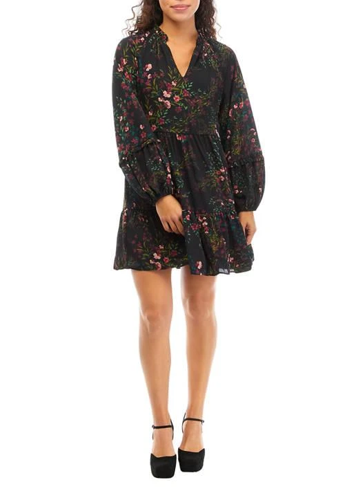 CeCe Petite Long Sleeve Split Neck Babydoll Dress 1