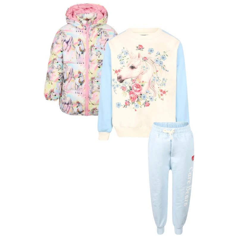 Rock Your Baby Puffer multicolor winter jacket unicorn sweatshirt and care bears track pants set in pink white and light blue 1