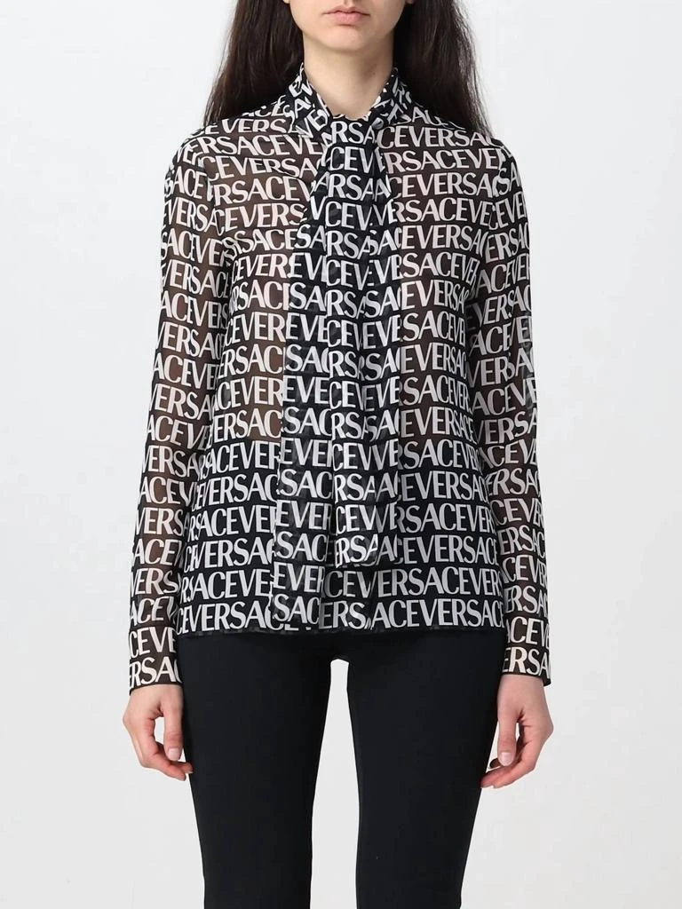 Versace All-Over Logo Bow Strap Silk Blouse In Black/white 1