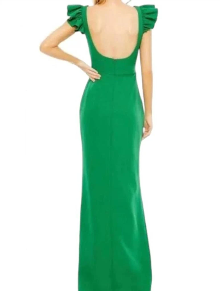 Ieena for Mac Duggal Ruffle Cap Sleeve Open Back Column Gown In Green 2