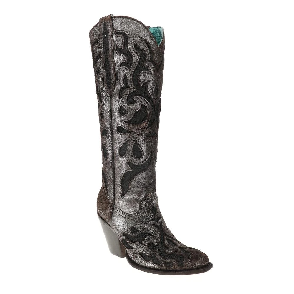 Corral Boots Glitter Crystal Tooled Inlay Snip Toe Cowboy Boots 2
