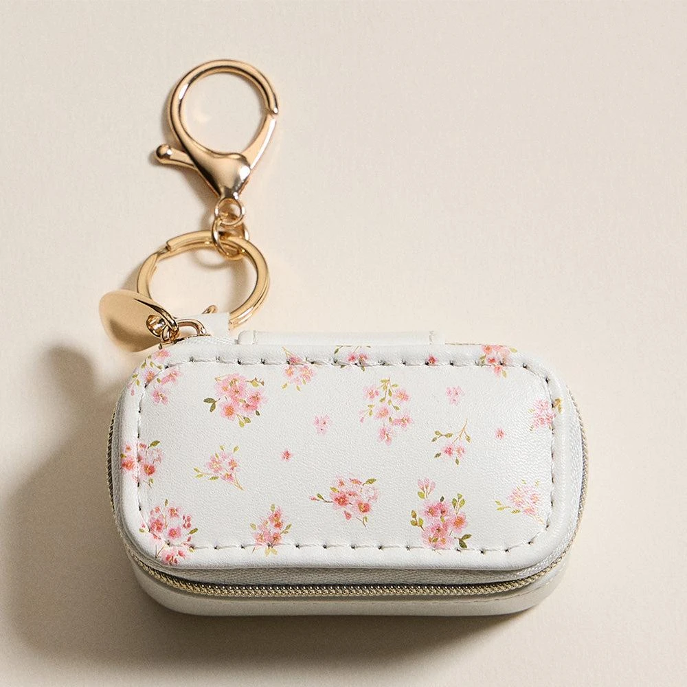 FASHNZFAB Floral Pattern Printed Rectangular Travel Jewelry Case Keychain Bag Charm