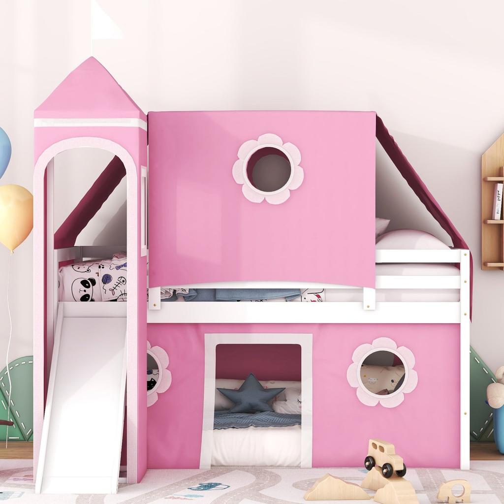 Streamdale Furniture Streamdale Twin Size Loft Bed with Slide Pink Tent and Tower - Pink