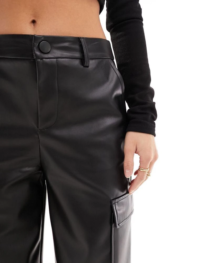 Stradivarius Stradivarius Petite faux leather cargo trouser in black 5