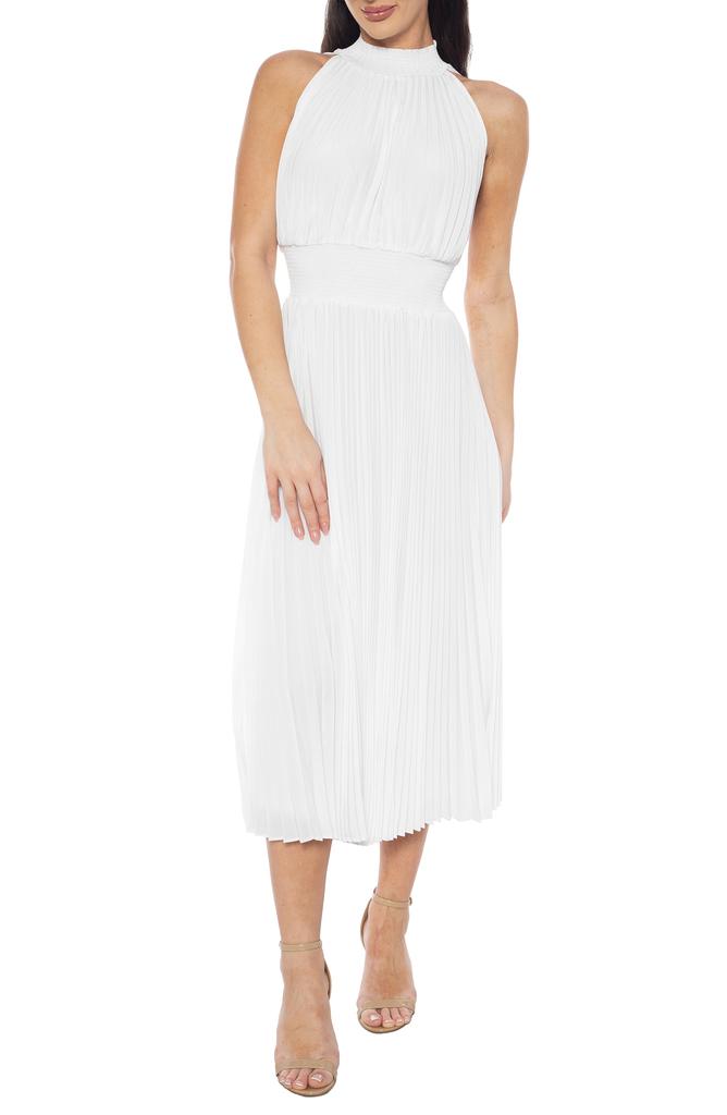 MARINA Mock Neck Smocked Waist Midi Dress