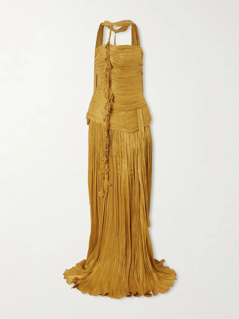Marmar Halim Strapless Scarf-detailed Metallic Plissé-satin Gown - Mustard