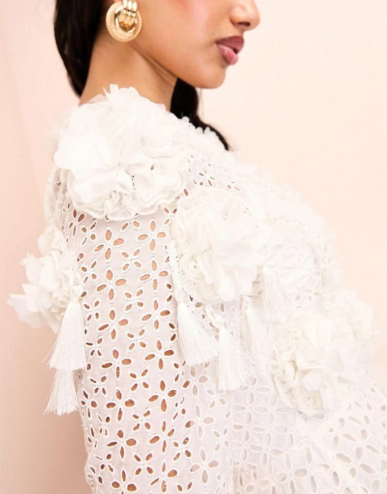 ASOS Luxe ASOS LUXE 3D floral embellished cotton broderie mini skater dress in white 3