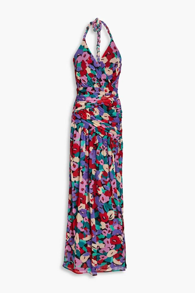NICHOLAS Ruched printed stretch-mesh halterneck midi dress 1