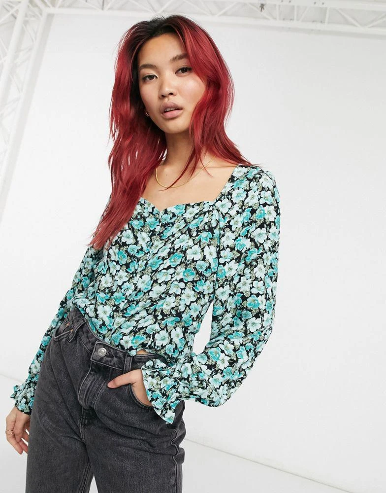 & Other Stories & Other Stories square neck puff sleeve blouse in green floral - MULTI 1