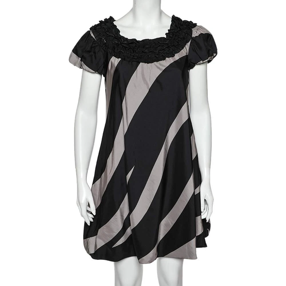 Moschino Moschino Cheap and Chic Monochrome Striped Silk Ruffled Neck Detail Mini Dress M 1