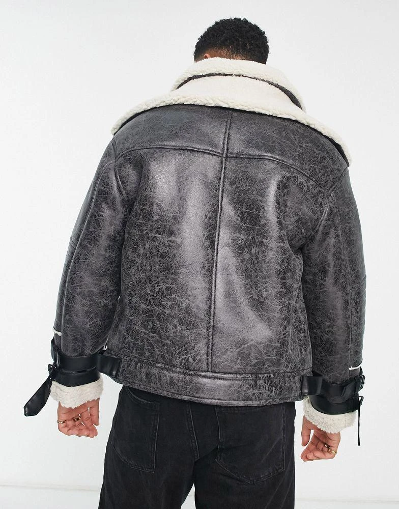 River Island River Island crackle faux shearling aviator jacket in grey 2