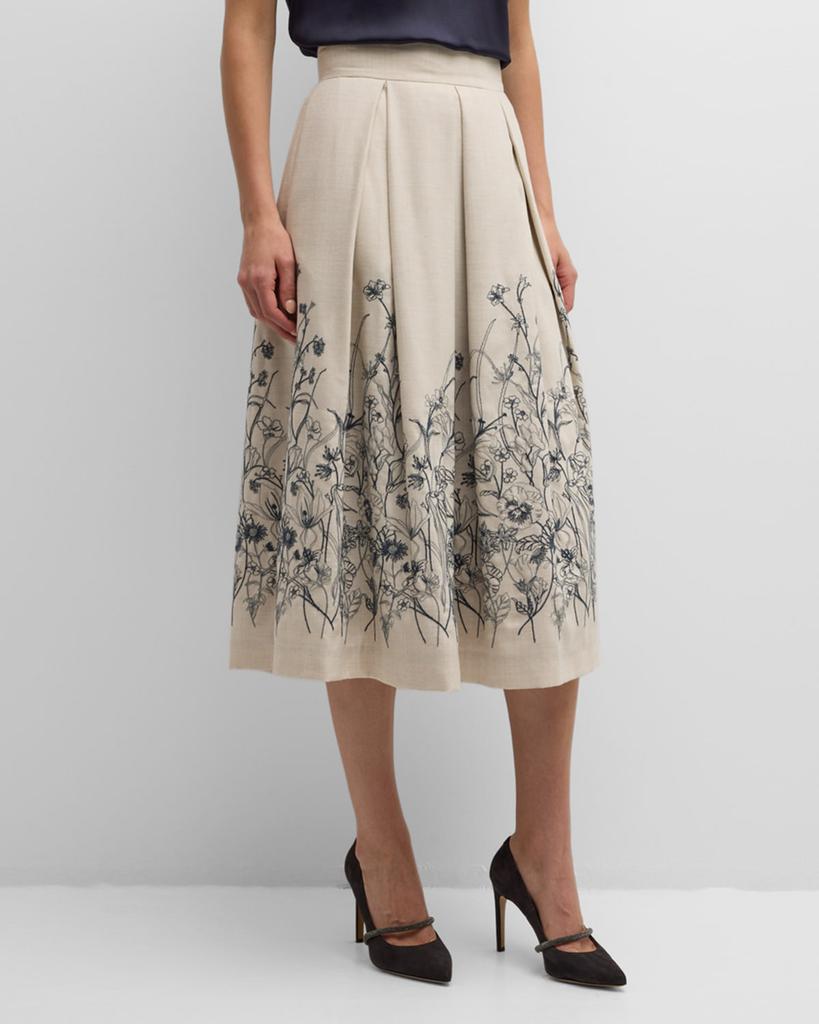 Eleventy Pleated Floral-Embroidered Midi Skirt