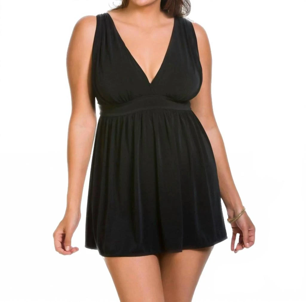 Longitude Shirring Chic Plus Goddess Swimdress In Lgt Black 1