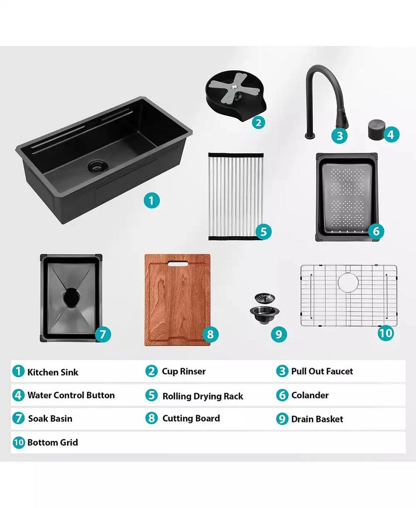 Flynama 33x16.72x10inch Undermount Gunmetal Black Waterfall Kitchen Sink Stainless Steel Workstation 10