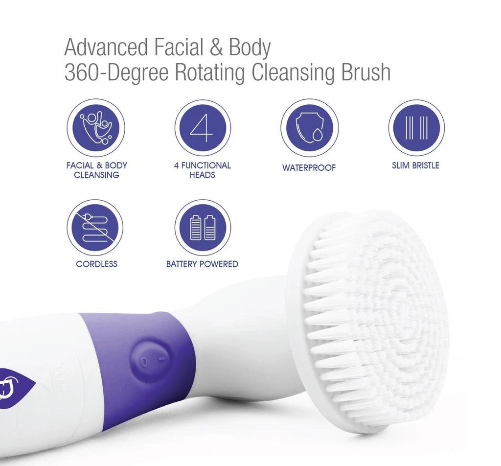 PURSONIC Advanced Facial and Body Cleansing Brush for Removing Makeup & Exfoliating Dead Skin - Includes 4 Multifunction Brush Heads: Facial, Body, Pumice Stone and Sponge (Purple) 3
