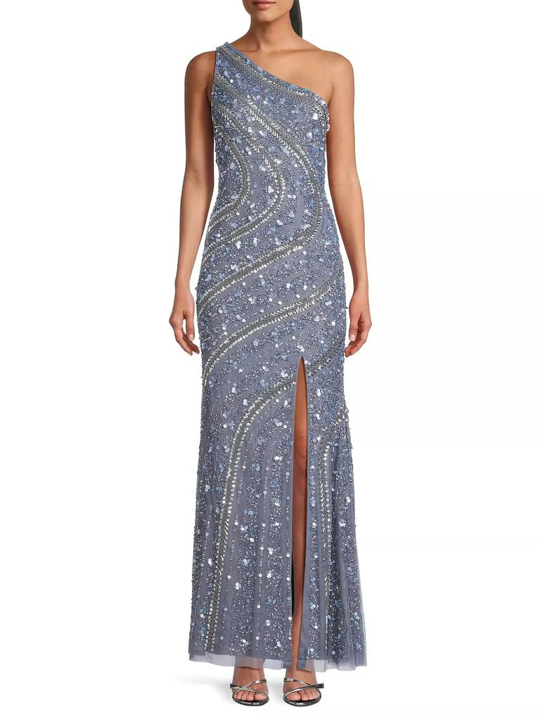 Aidan Mattox Beaded Sequin One-Shoulder Gown 3
