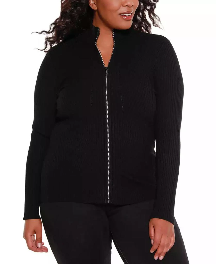 Belldini Black Label Plus Size Mock Neck Ribbed Zip Up Sweater 1