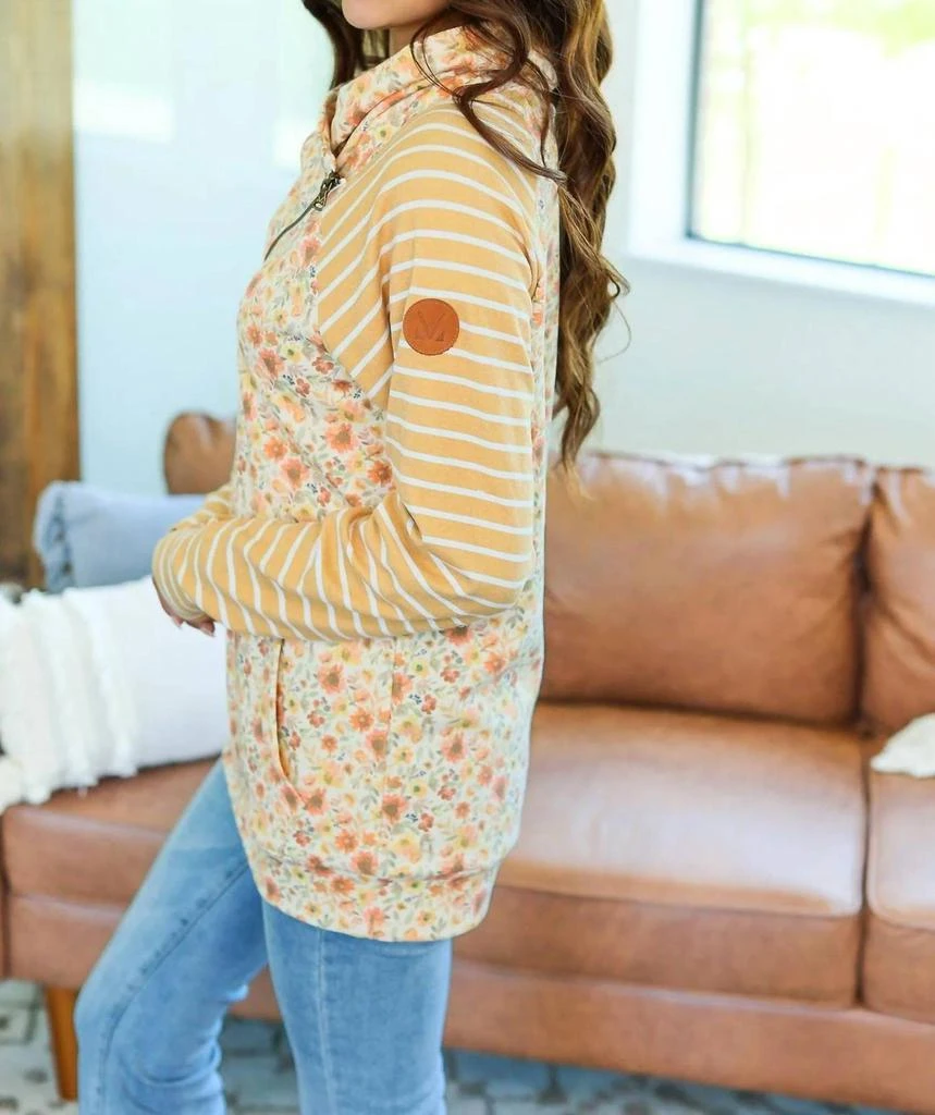 Michelle Mae Zoey Zip Cowlneck Sweatshirt In Mustard Floral Stripe 2