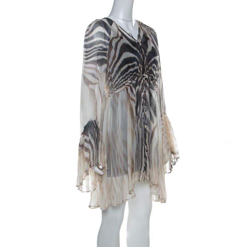 Just Cavalli Just Cavalli Cream and Grey Tiger Printed Silk Tie Front Sheer Dress L