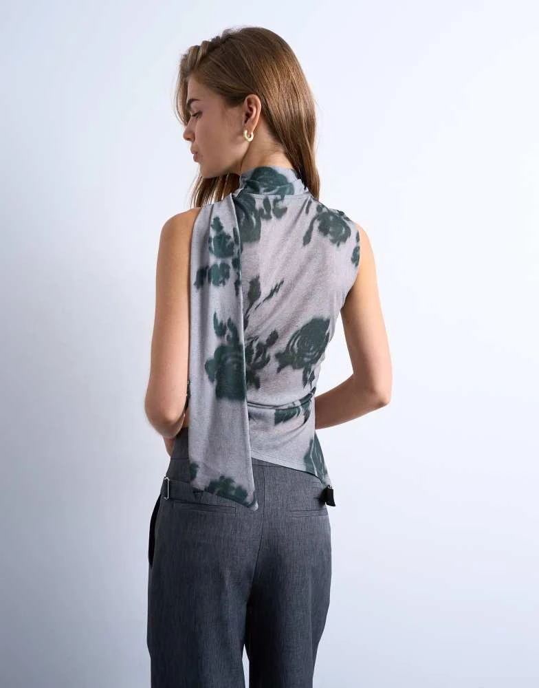 Topshop Topshop floral print mesh asymmetric scarf detail top in grey 3