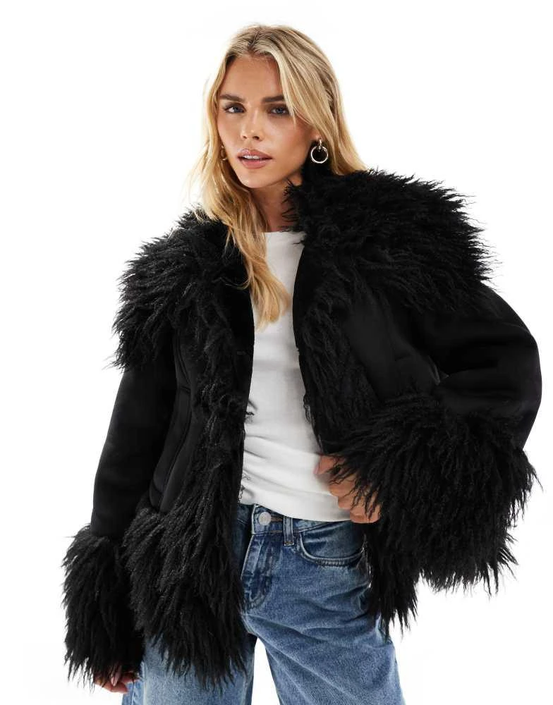 ASOS ASOS DESIGN Petite penny lane faux fur trim coat in black 1